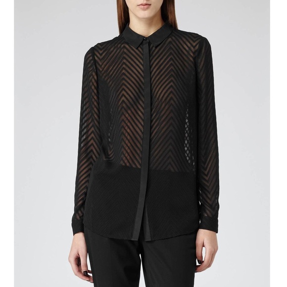 Reiss Kumi Sheer Black Button Blouse Top Sz 0 - Picture 1 of 8